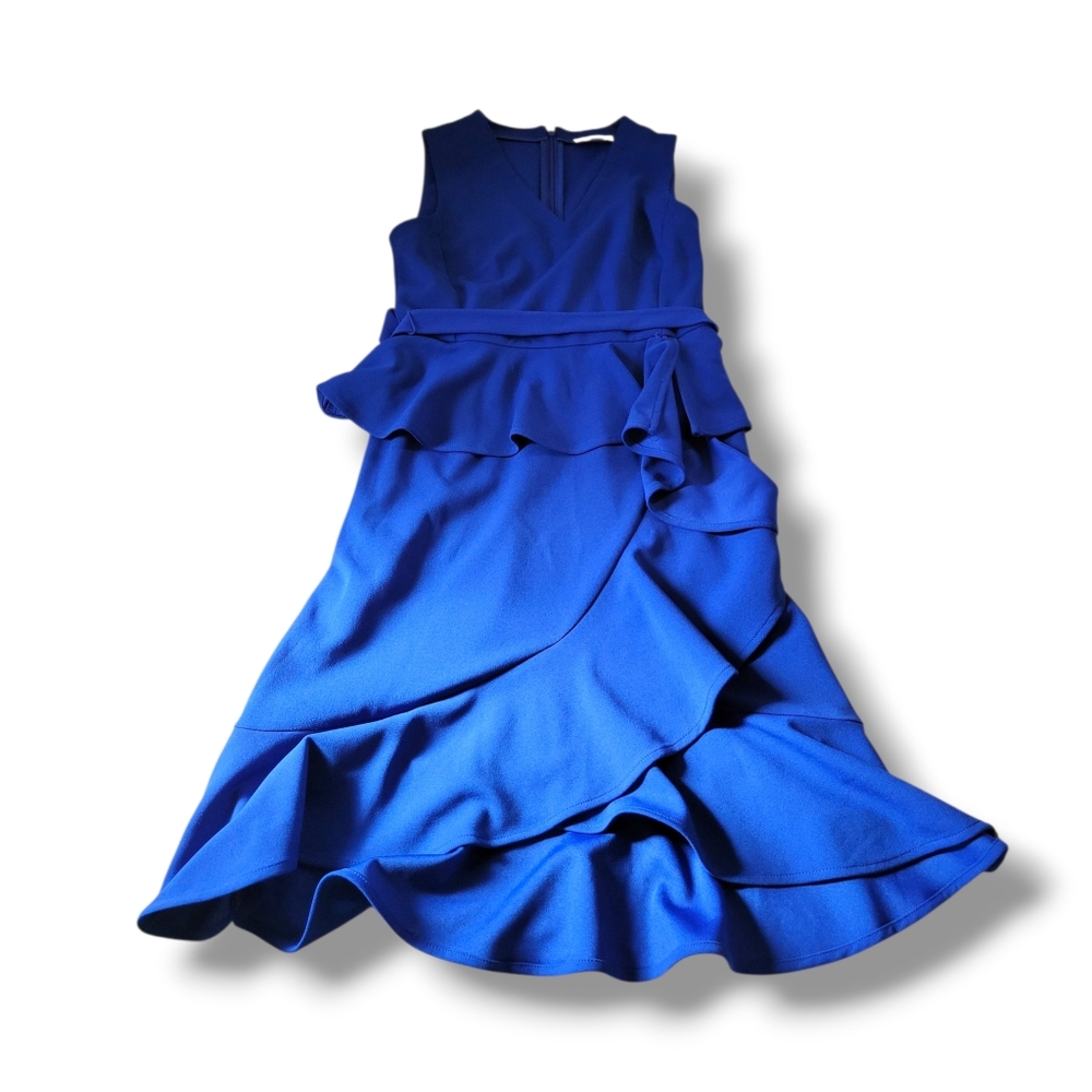 ✨️HP✨️Calvin Klein | NWOT Royal Blue Scuba Crepe V-Neck Ruffle Trim Midi Dress - Picture 3 of 13